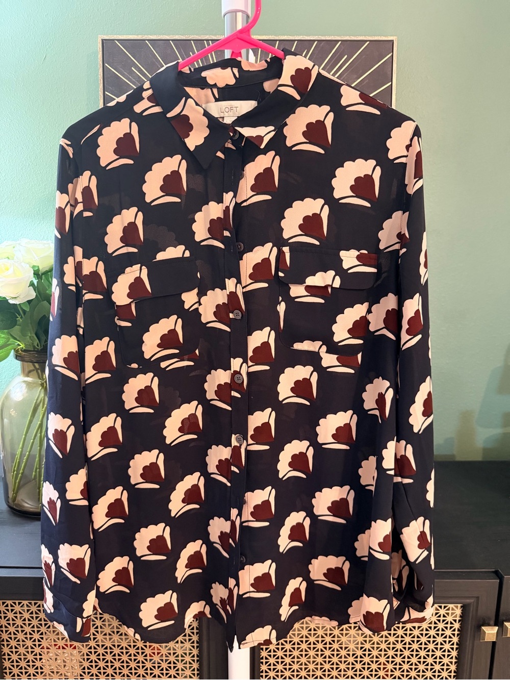 LOFT Black Button-Down Shirt with Cream and Brown Floral Motif